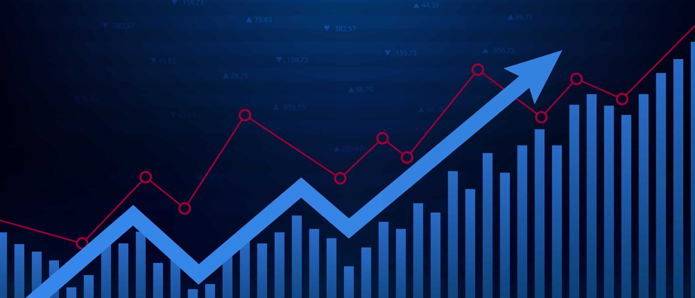 Ascending blue bar chart with ascending light blue arrow above it