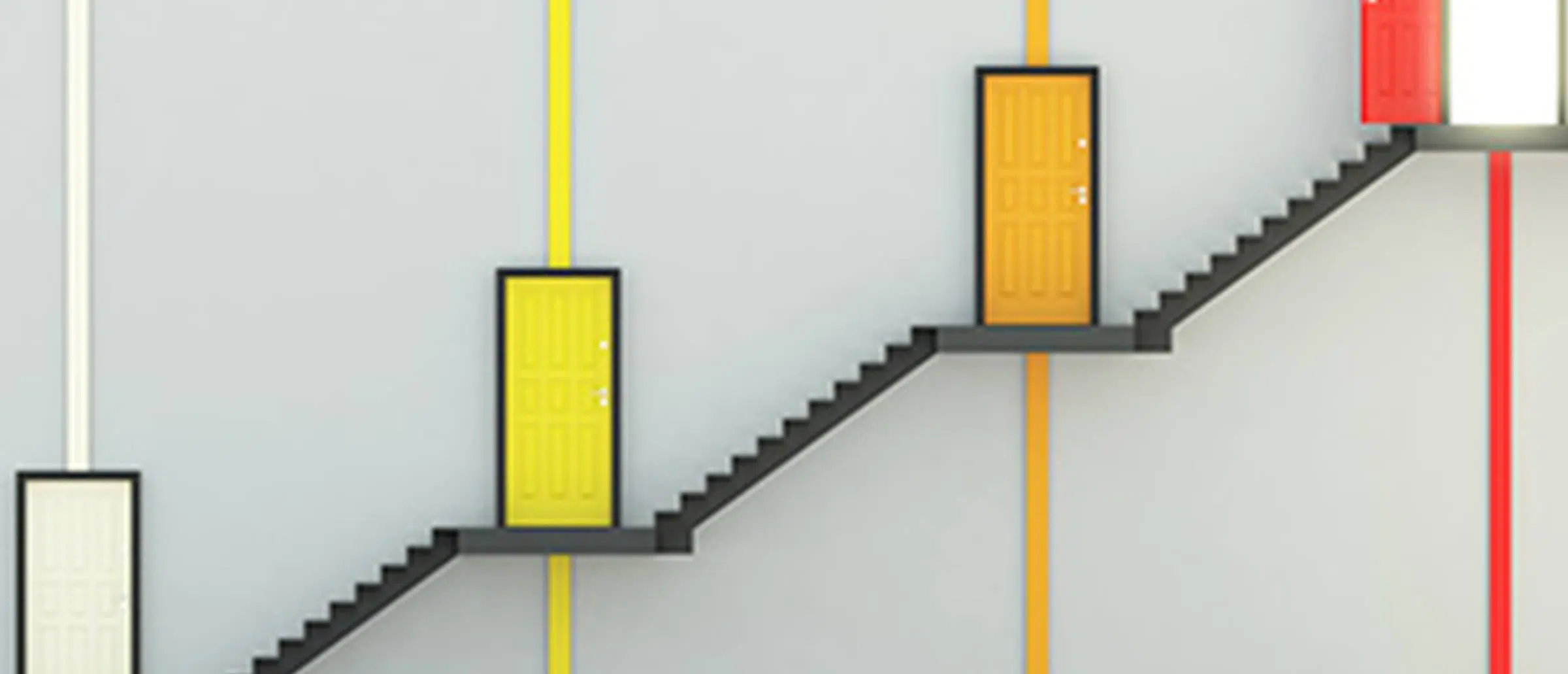 Ascending stairs with different color doors, top door open