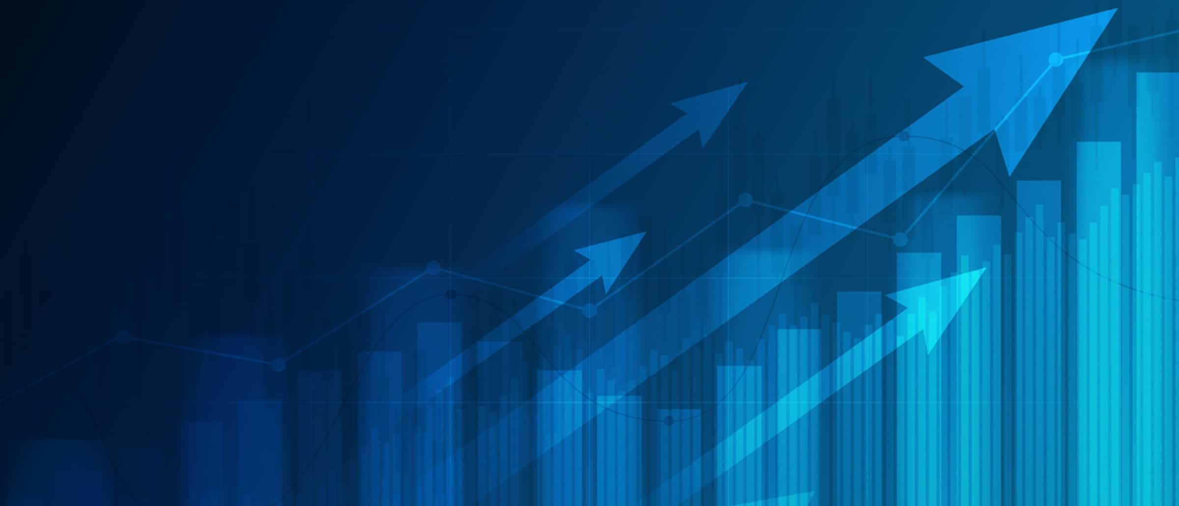 Ascending blue bar charts accompanied by ascending blue arrows and dotted lines