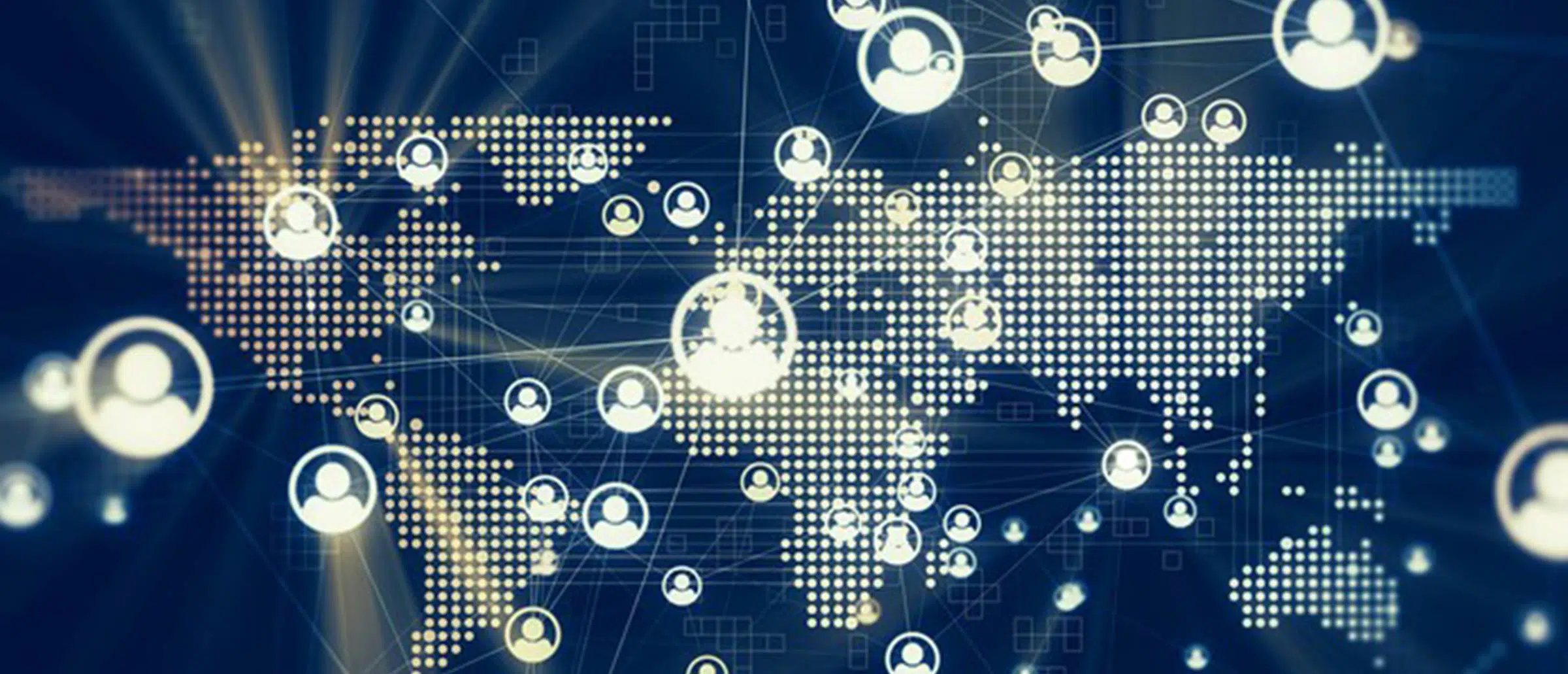 Digital world map with glowing human icons scattered across the map