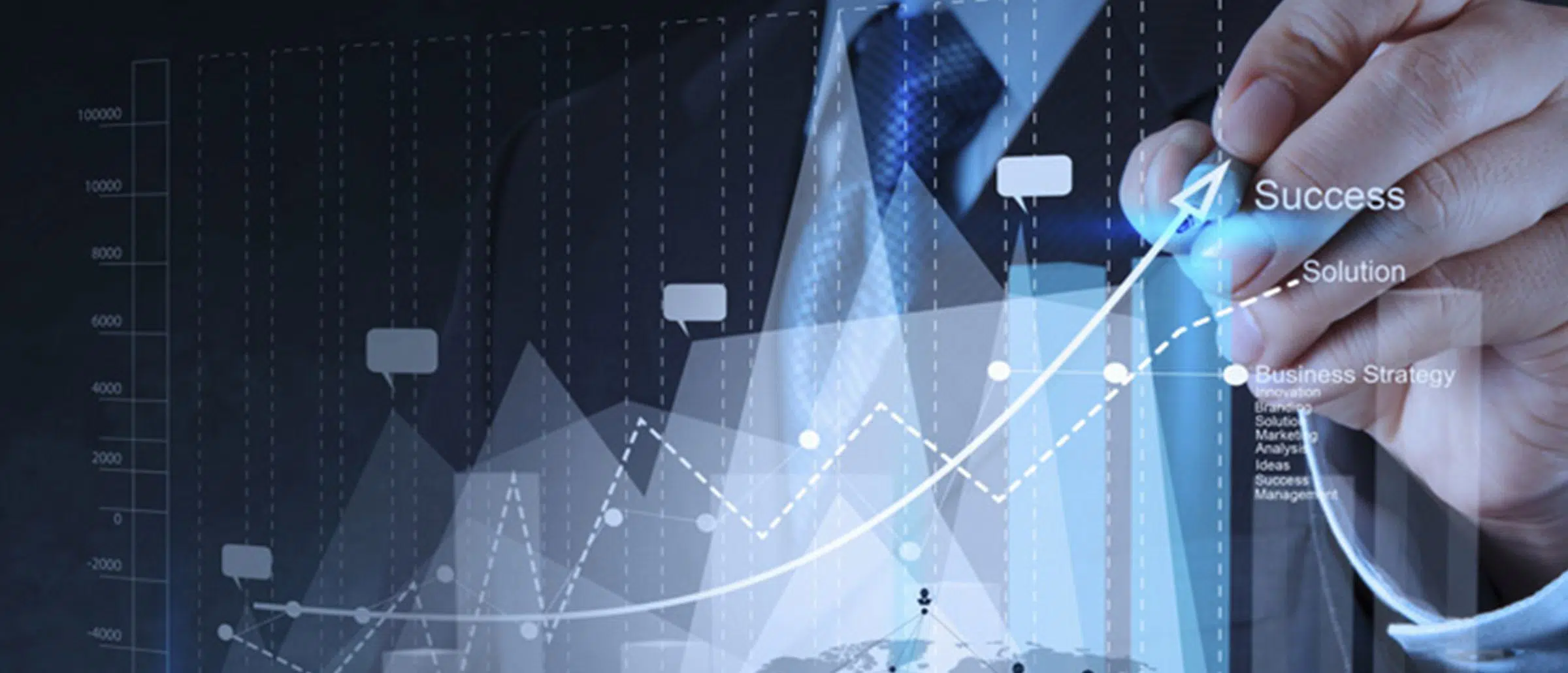 Businessman pointing a pen at the top of a arrow on a transparent digital data chart