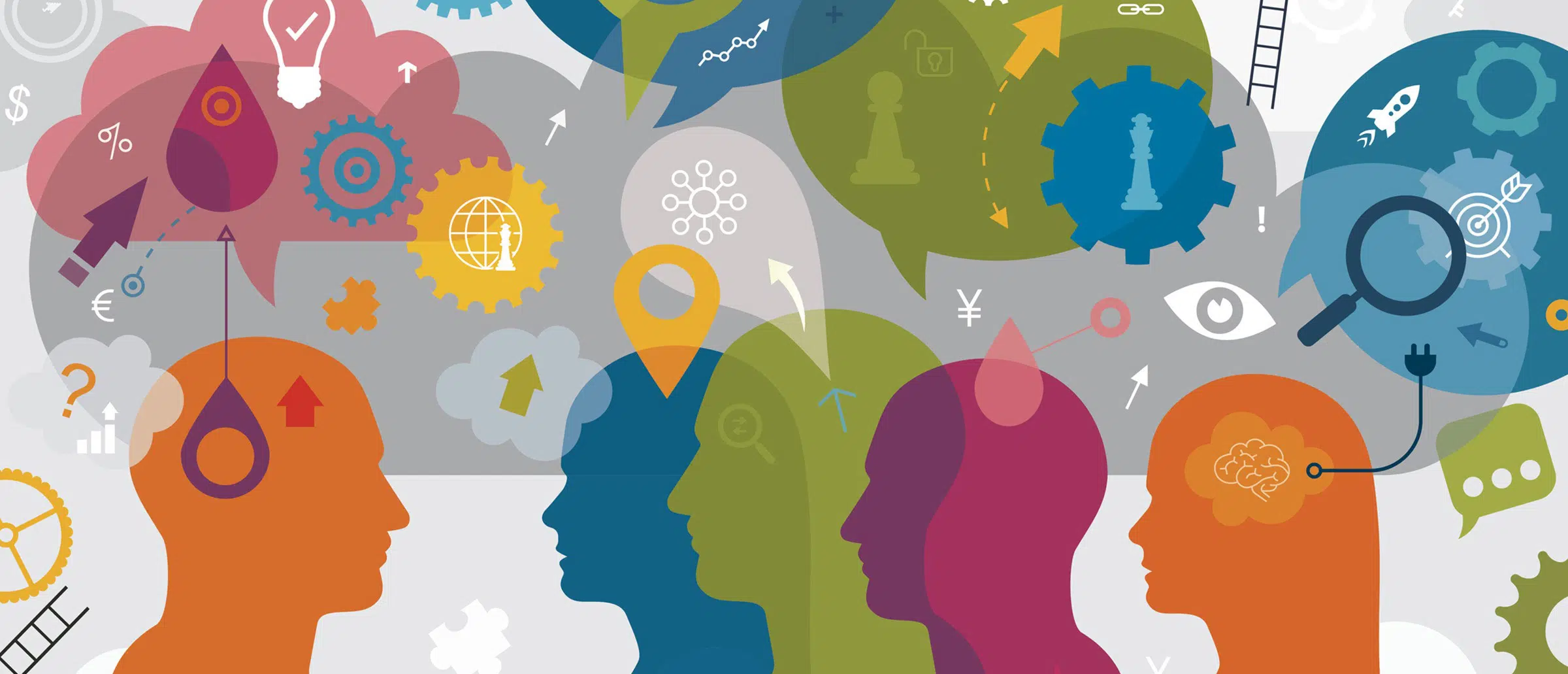Various colored human silhouettes with pin icons, magnifying glasses, thought bubbles, arrows, chess pieces, and other objects hovering above them